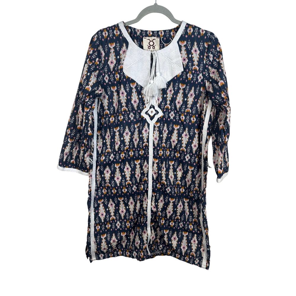 FIGUE Ella Ikat Mini Dress Women Large Pink Blue Boho Tassel Tunic GOOD